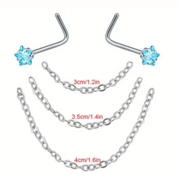 Blue crystal double nose rings with chain, stainless steel 20 gauge (0.8mm) - Picture 1 of 1